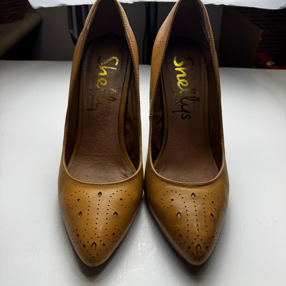 Shellys London Tan Leather Pointed Toe Brogue Perforated Stiletto Pumps Heels